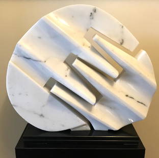 Room Sized White Marble Disk Sculpture: Room Size Abstract White Marble Disk Sculpture On Black Marble Base and Separate Rectangular Black Stand. Measures approx 25 inches in diameter x 8 inches deep (not including base), on base measures a