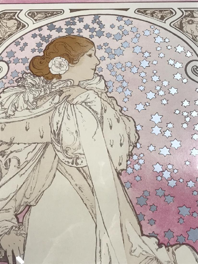 Poss Litho Enhanced w Silver Alphonse MUCHA Poster: Possible lithograph enhanced with silver of an Alphonse MUCHA poster advertisement for La Dame Aux Camelias. Artwork appears to be printed on glossy paper, and is enhanced with silver tone ink, partic