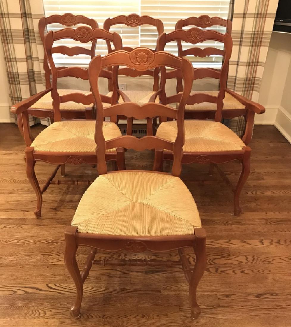 Set 6 Country French Dining Chairs W Rushed Seats: Set 6 Country French Dining Chairs W Rushed Seats, 2 Arm Chairs, 4 Side Chairs With Carved Design, measures Approx 40 inches tall x 27 inches wide x 19 inches deep, very good condition. Dining Chairs,