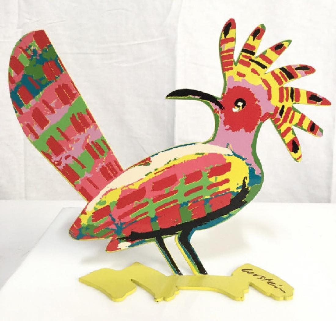 DAVID GERSTEIN Colorful Roadrunner Steel Sculpture: DAVID GERSTEIN Colorful Roadrunner Steel Sculpture. David Gerstein Free Standing Steel Double Sided Sculpture. 2 dimensial free standing metal, possibly steel, sculpture with vibrant colorful designs.