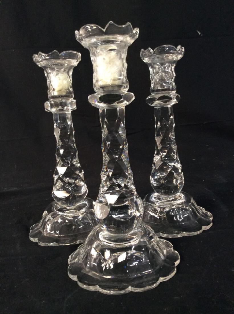Set 3 Crystal Cut Glass Candlesticks: Set 3 Crystal Cut Glass Candlesticks, each 9 3/4 in x 5 in, good condition, scalloped bases, cut edges at top, Collectible Crystal Accessories, Tabletop Accessories, Decorative Kitchenware, Entertaini