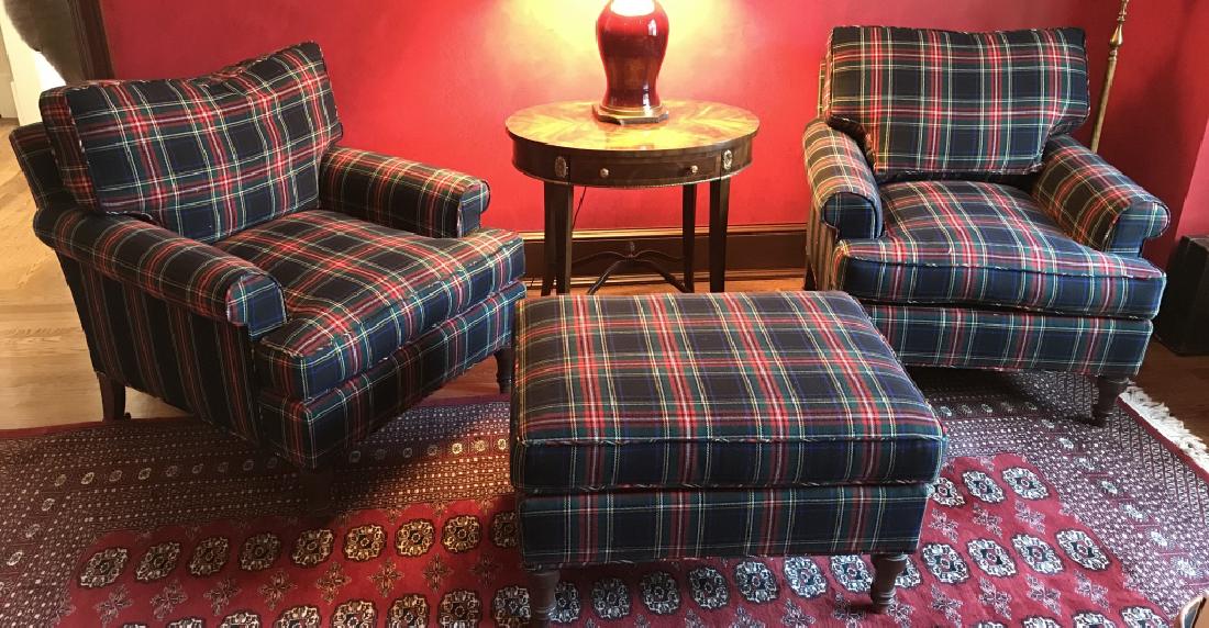 Pair Of Plaid Club Chairs With Down Fill: Pair Of Plaid Club Chairs With Down Fill, 50% Down 50% Goose Feathers, tag reads Five Star Upholstery Co, Inc. 505 8th Ave New York, NY 10018. Very good condition, measures approximately 33 inches in 