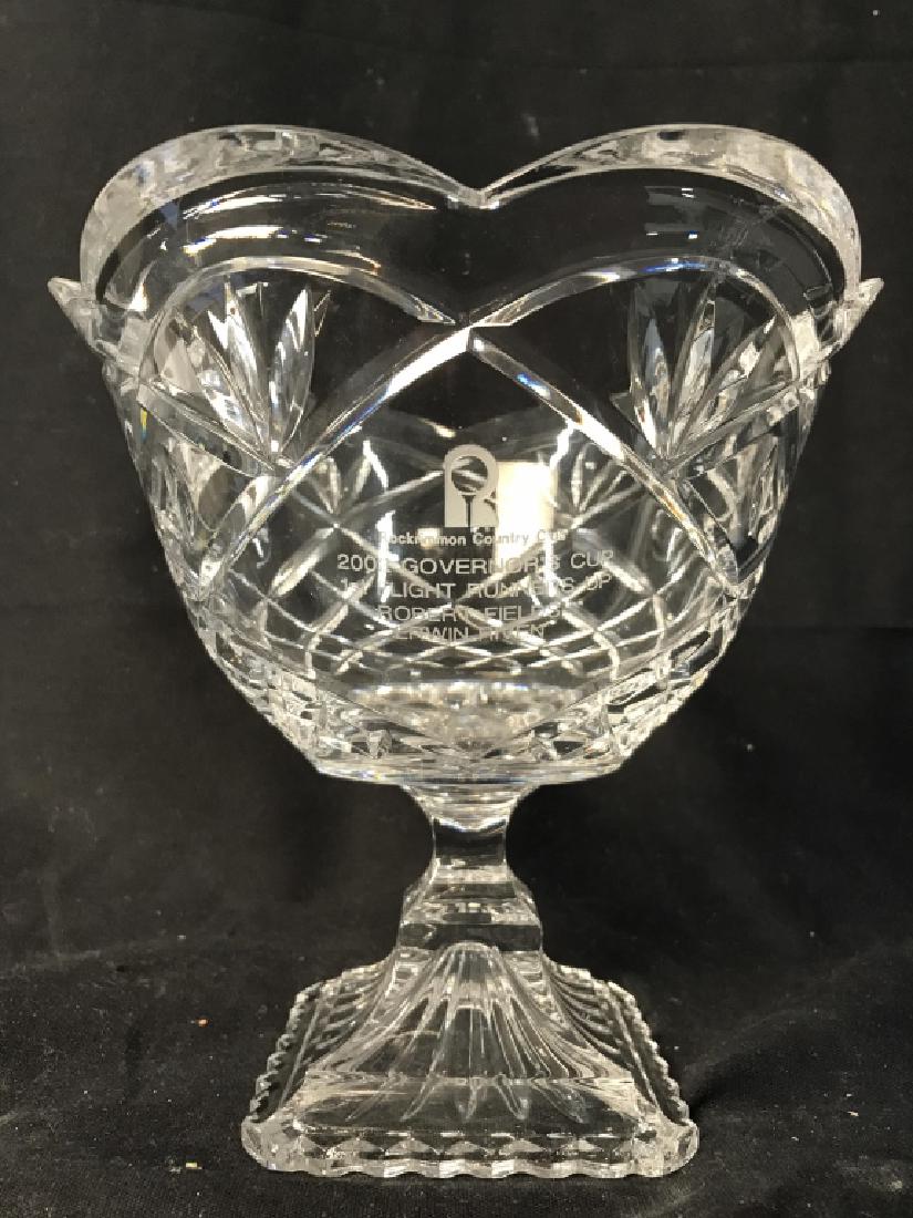 Monogrammed Cut Crystal Pedestaled Trophy: Monogram reads ROCKRIMMON COUNTRY CLUB 2002 GOVERNERS CUP 1ST FLIGHT RUNNERS UP ROBERT FIELDS ERWIN RIVEN. Trophy, centerpiece, cut Crystal trophy. Crystal accessory, tableware centerpiece, Measures a
