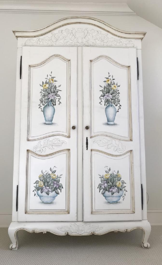 White Painted And Carved Hutch With Floral Design: White Painted Carved Hutch With Carved frieze on crown, apron and cornice, painted floral arrangements and scrolled cabriole feet, repair to front left foot, some minor chips and smudges, measures app