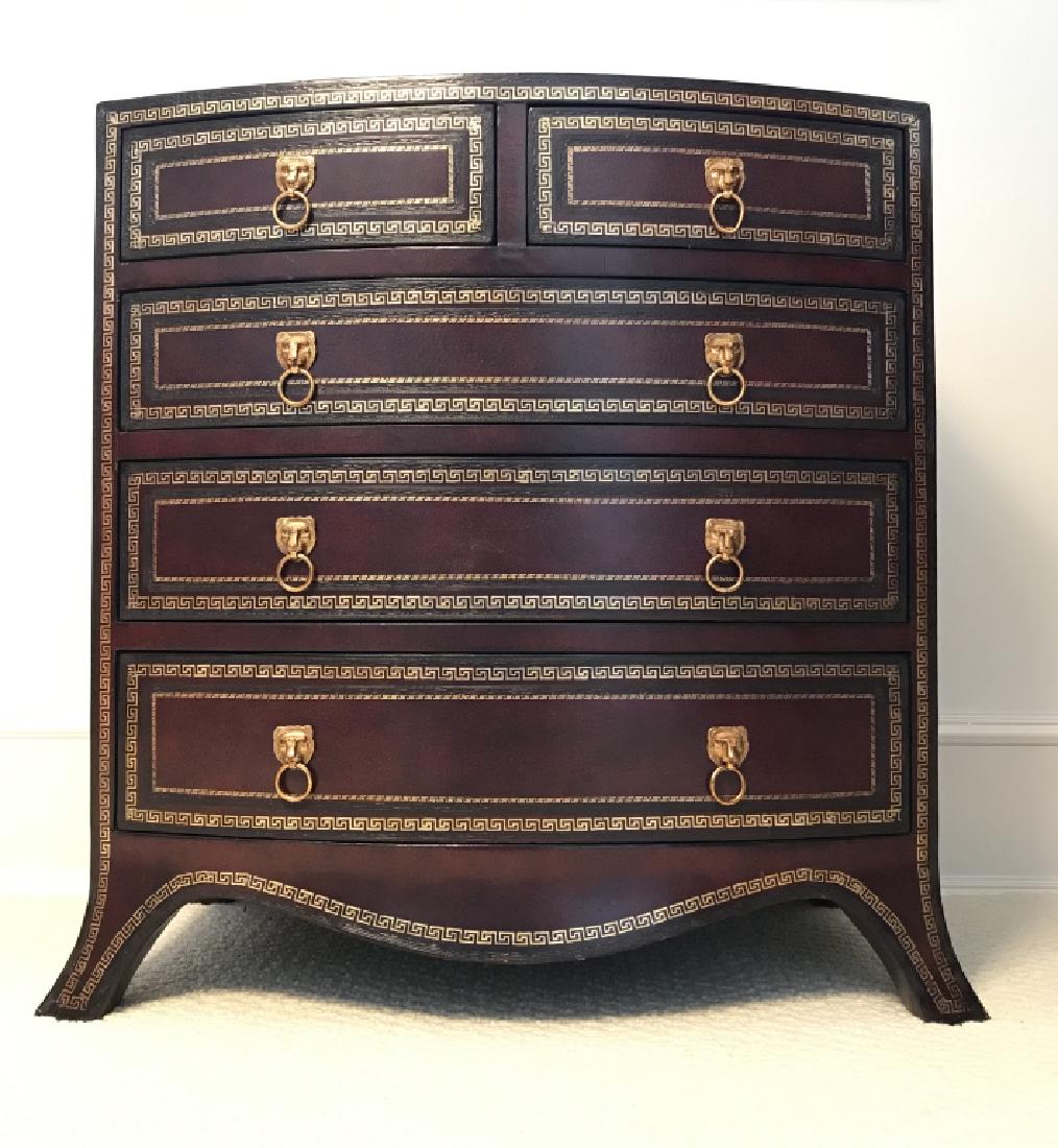 MAITLAND-SMITH Leather Cad Bowfront Chest: Small Bow Front Chest Of Drawers With Brass Toned Lion Head Pulls And Greek key gold painted trim by MAITLAND-SMITH, Marked on interior of top left drawer with brass Maitland-Smith plaque, measures ap