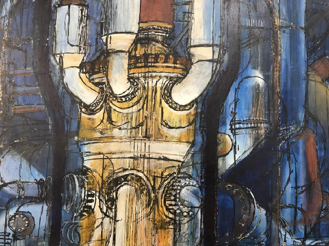 GUTZKA Signed Modern Industrial Oil Painting: Signed modern industrial abstract oil painting on Board. Possibly oil and gouache. Signed GUTZKA 64 in lower right corner, possibly German artist Klaus Gutzka (1923 - 2011), who focused on industrial 