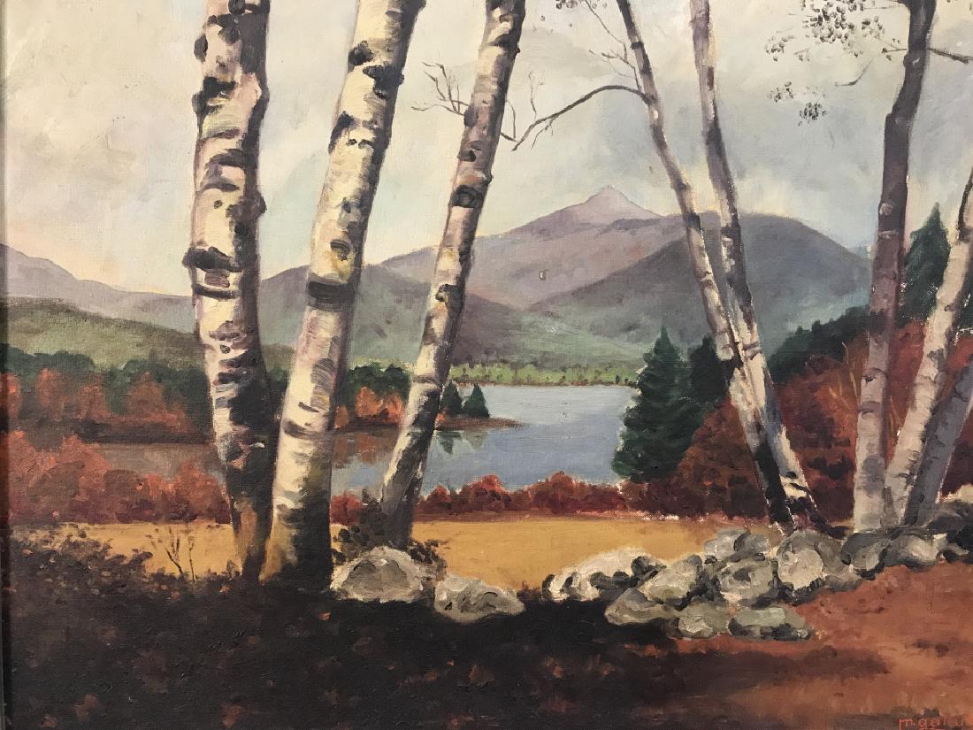 Landscape Oil Painting, Signed M. GALLUB, 1951: Signed landscape oil painting on Board. Signed M. GALLUB 1951 in lower right corner. Artwork depicts birch trees with a mountainous landscape in the background. Some blemishes in artwork consistent wi