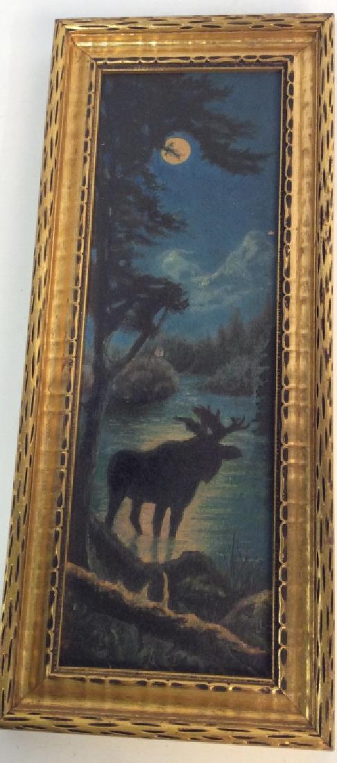 LBH Signed Oil on board, Moose in the Moonlight: Oil on board, Moose in the Moonlight, framed, signed LHB in lower right partially under frame, good condition, possibly main artist, 13 1/2 x 6 in to edge of frame, American Landscape Painting, Maine 