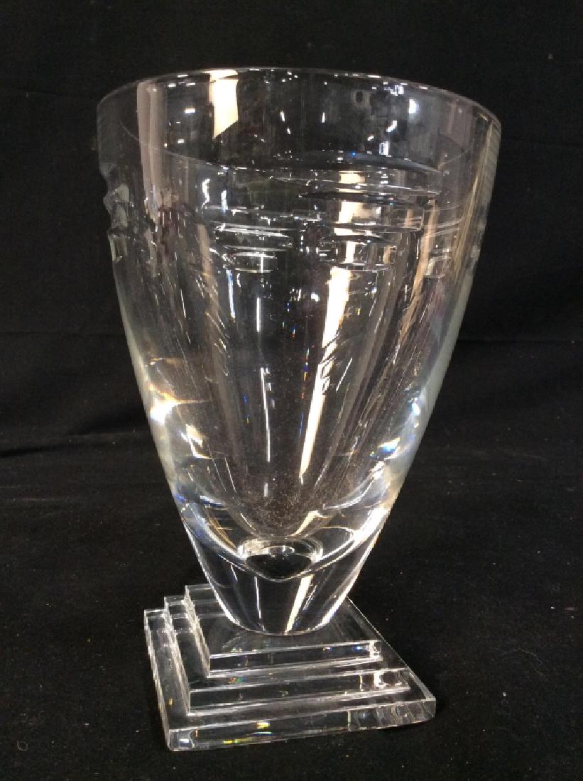 Orrefors Crystal Glass Vase Centerpiece: Orrefors Crystal Glass Vase Centerpiece, 8in x 5 1/4 in at lip, contemporary design, on geometric tiered stepped base, Good condition, Orrefors Crystal Glass, Orrefors Crystal, Crystal Accessories, Cr