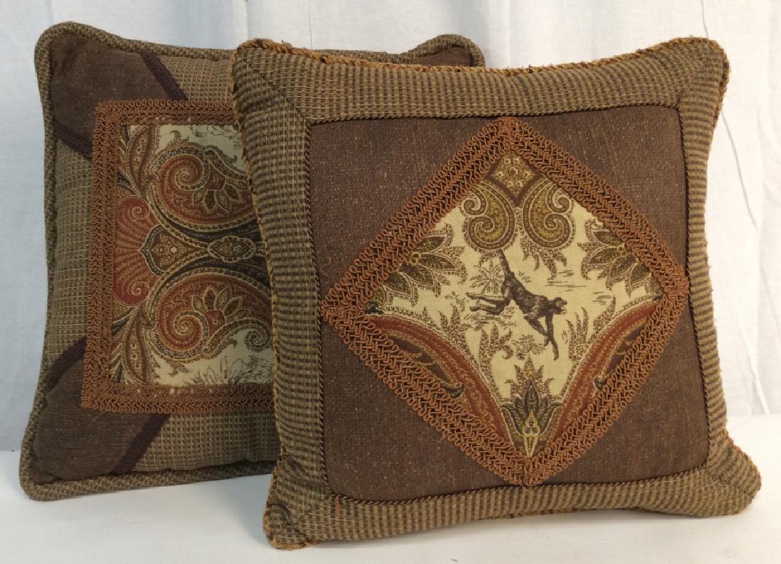 Pair Custom Upholstered Throw Pillows: Pair Custom Upholstered Throw Pillows, 15 in each square, Browns, one with monkey fabric inset to front, the other has associated fabrics, Good condition, Upholstered Accessories, Throw Pillows, Decor