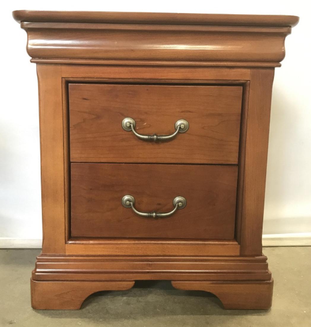 Mahogany Toned Side Table W Two Drawers: Mahogany Toned Side Table With Two Drawers And Metal Drawer pulls, measures approximately 24 inches in height x 22 inches wide x 16 inches deep, some surface scratches and nicks. Side Table, Bedside T