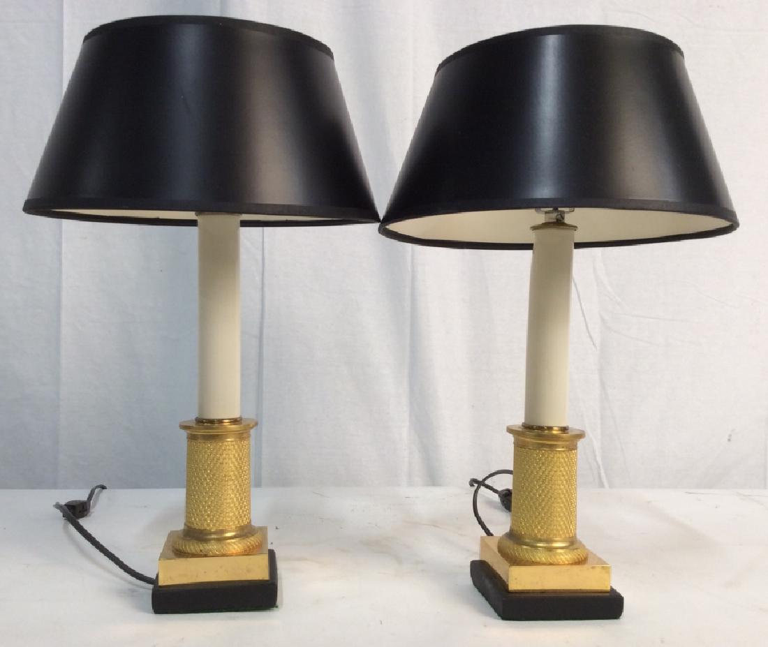 Pair Empire Style Desk Lamps: Pair Empire Style Desk Lamps, 15 in tall with black 10 in diameter shades, good condition, in working order, Formed as Gilded columns to a Gilded stepped square base, DecorTive Table Lighting, Desk Li