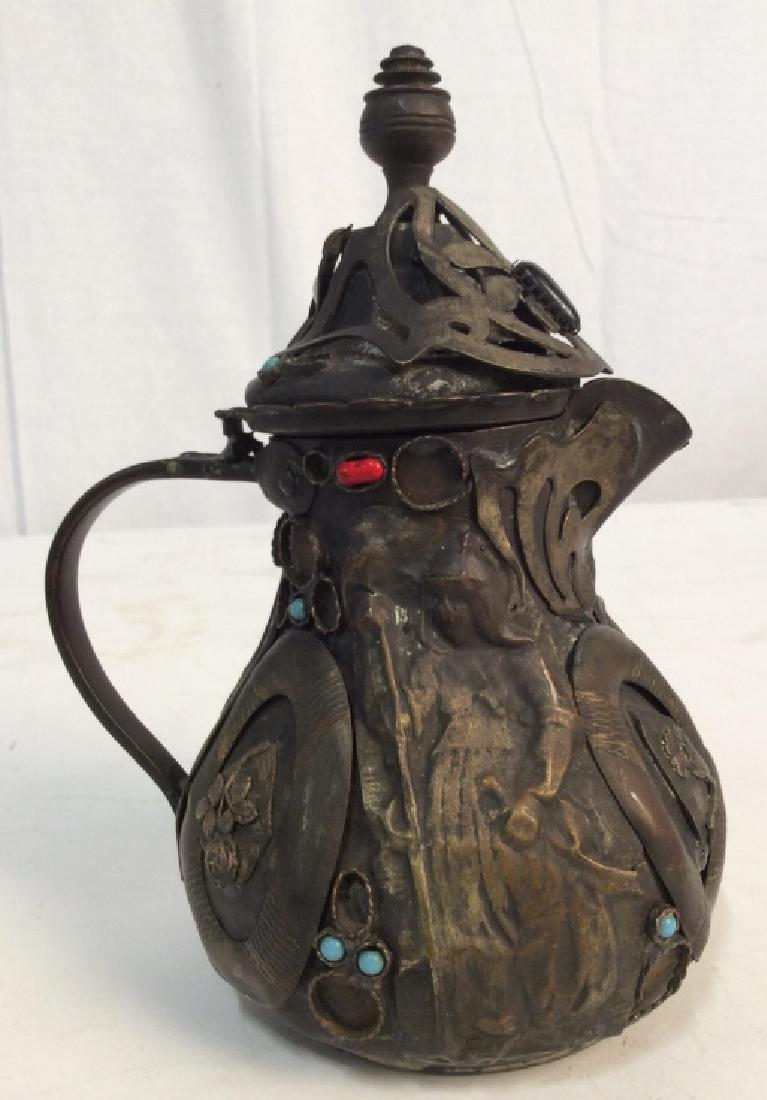 Vintage Mixed Metal Teapot,Coffee Pot: Vintage moorish style Mixed Metal Teapot, Coffee Pot, 7 1/2 in x 5 in, with images of warriors with sickle and staff, symbolic images including upside down rose all in relief and adorned with possibly