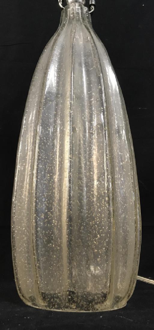 Tall Gold Speckled Glass Accent Table Lamp: Tall gold tone speckled ribbed glass table lamp. Approx 28.5 inches in height including base and harp, 5 inches in diameter at base. Lamp ha not been tested. Indoor lighting / interior decor / accent 