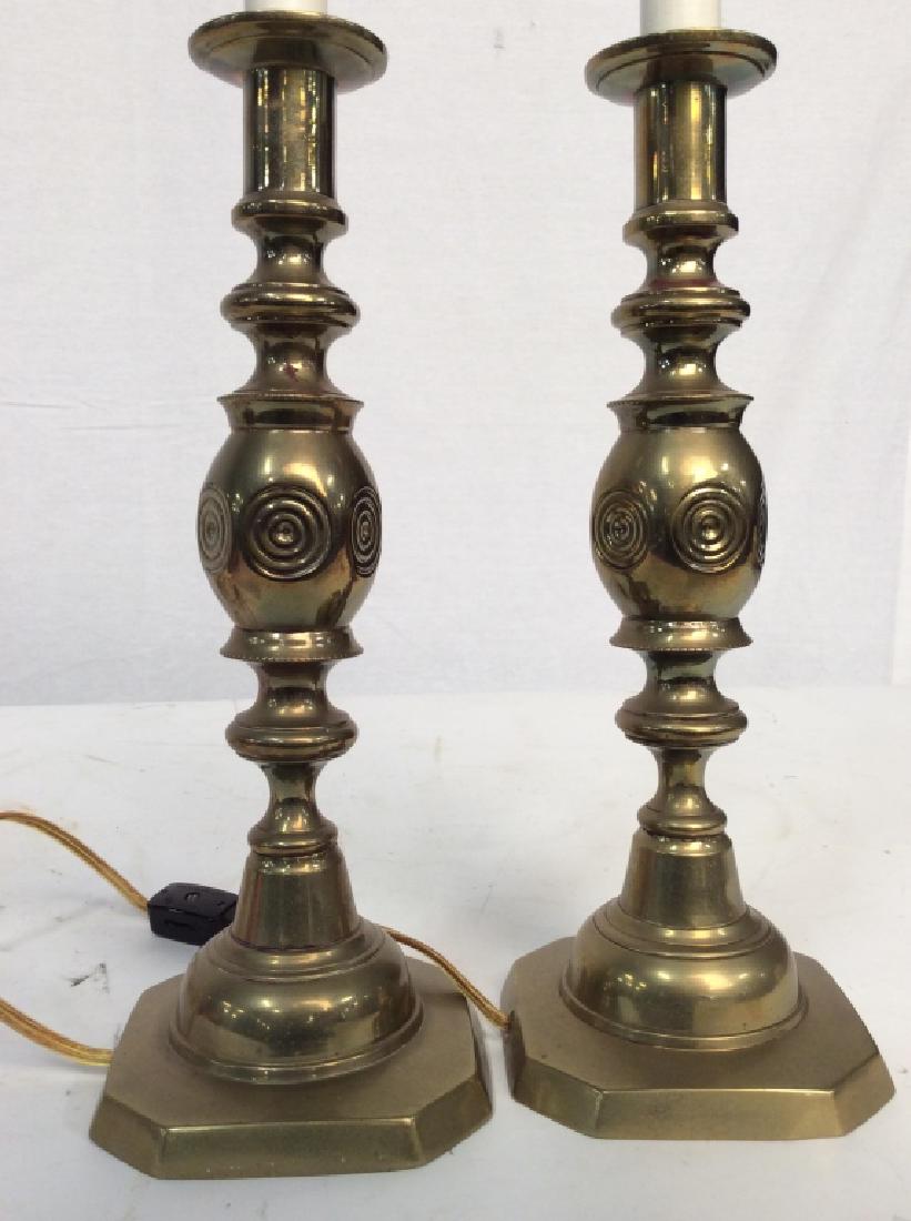 Pair Brass Candlestick Lamps with Shades: Pair Brass Candlestick Lamps with Shades, 16 3/4 in x 4 in at base, Good condition, bases marked Good Luck with upside down horse shoe, 8 in black shades, Decorative Tabletop Lighting, DESKTOP lightin