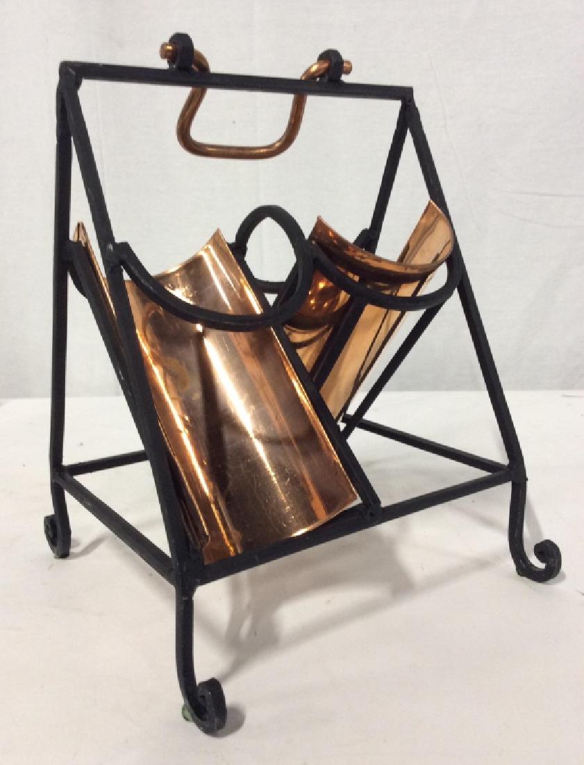 Copper Toned and metal Wine Caddy: Copper Toned and metal Wine Caddy, 14 in x 9 in, two compartments, on black painted metal frame, Good condition, Home Goods, Decorative Kitchenware, Decorative Tableware, Tabletop Accessories, bar war