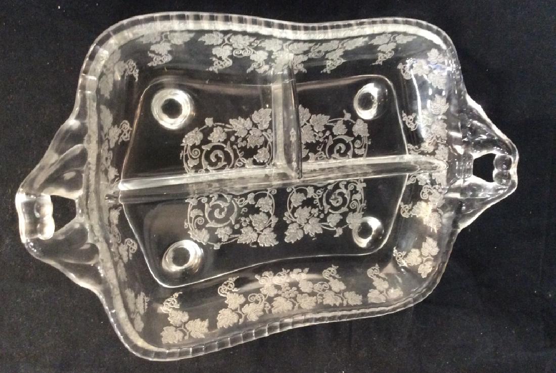 Vintage Cut Glass 3 compartment Condiment Dish: Vintage Cut Glass 3 compartment Condiment Dish, 12 in x 8 in, good condition, cut ivy design with two handles, Decorative Tableware, Decorative Tabletop Accessories, Decorative Kitchenware, Vintage Et