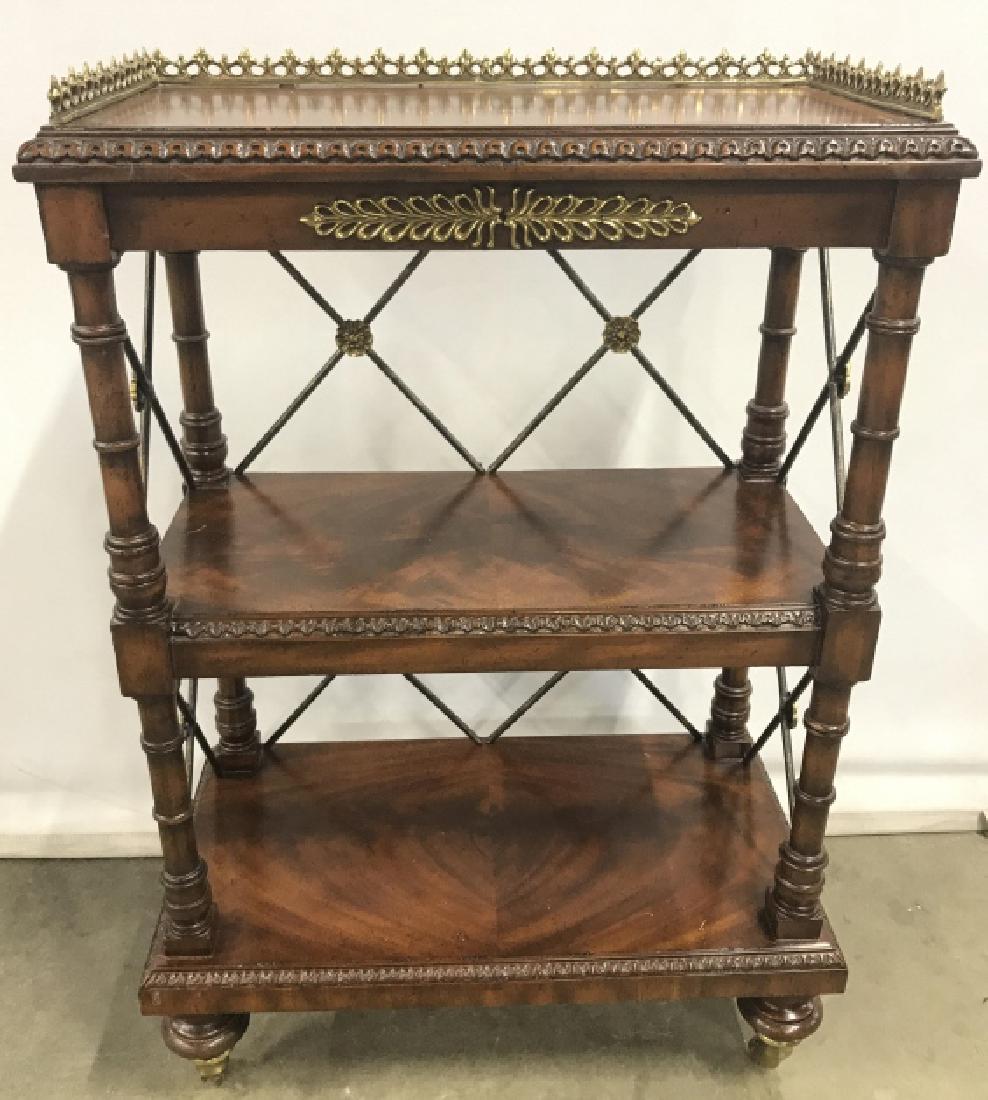 MAITLAND SMITH Handmade Wooden Shelf: Underside of Top Shelf is labeled MAITLAND SMITH HANDMADE. Piece is vintage, possibly antique. Contains 4 gold toned casters. Top of piece has raised gold toned. Measures approx 32 inches tall 21 inch