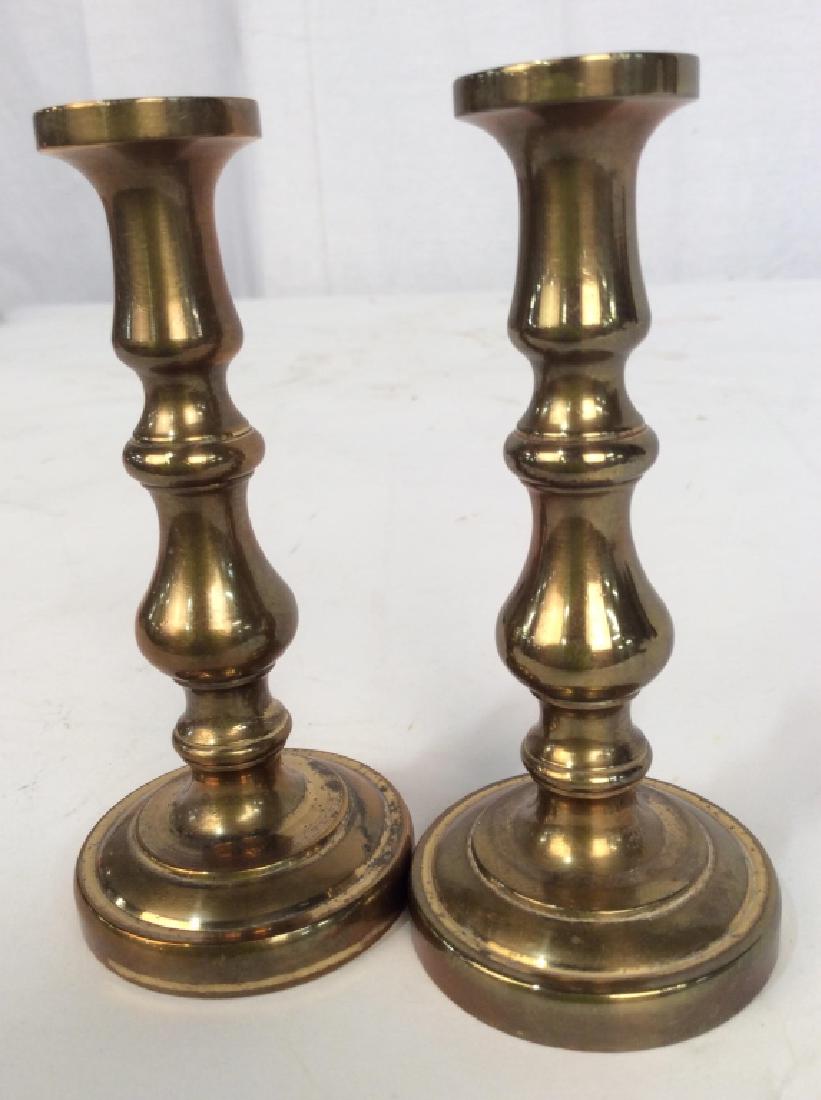 Pair Vintage Brass Miniature Candlesticks: Pair Vintage Brass Miniature Candlesticks, 4 in tall x 2 in at base, good condition, not marked, Decorative Tableware, Decorative Tabletop Accessories, Decorative Kitchenware, Brass Accessories, From 