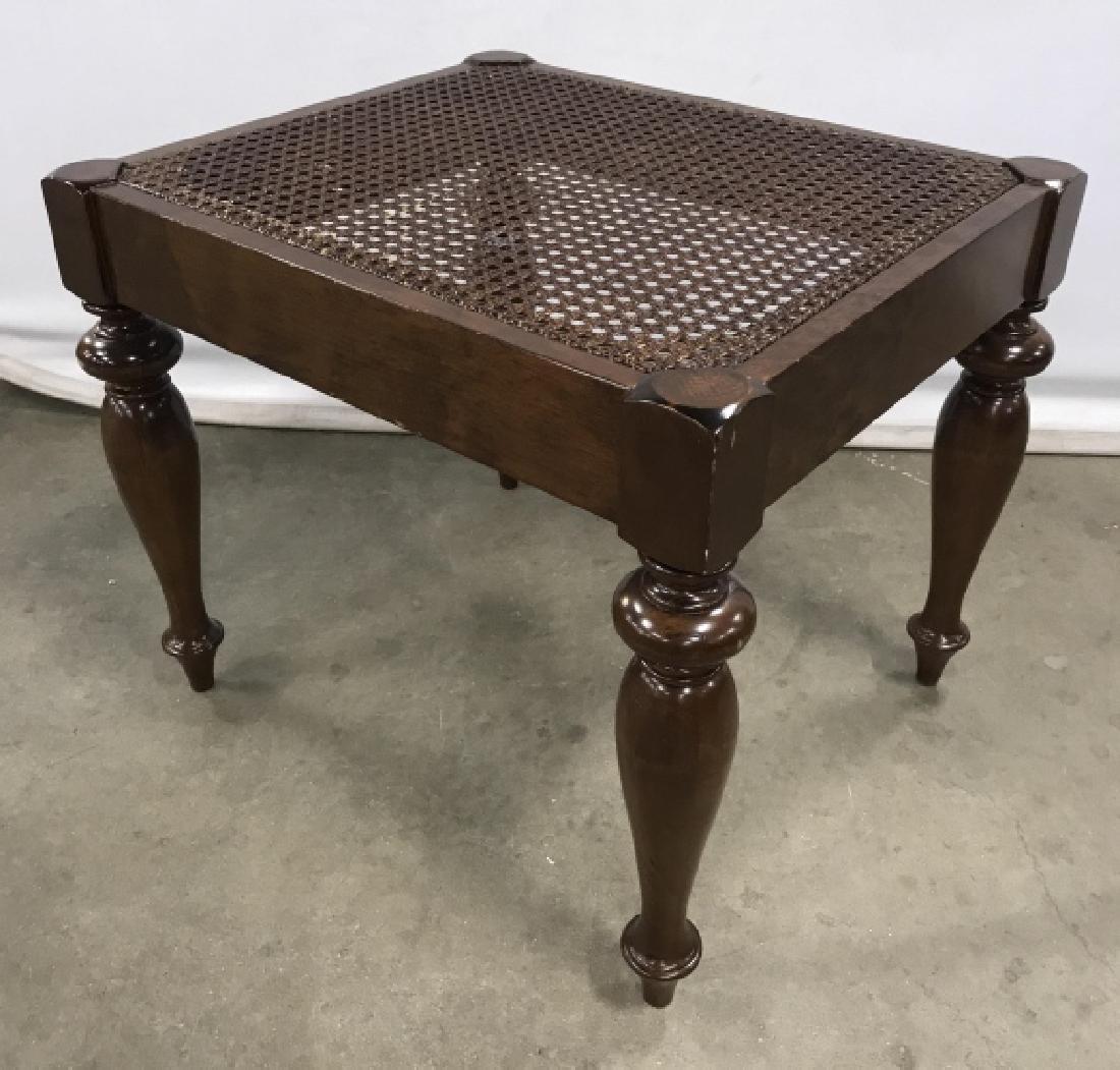 Vintage Walnut Wood Caned Foot Rest: Vintage walnut wood caned foot rest / ottoman / side stand. There is some wear of the wood and caning consistent with age and use. Approx 17.25 inches in height by 20.5 inches in width by 17.5 inches