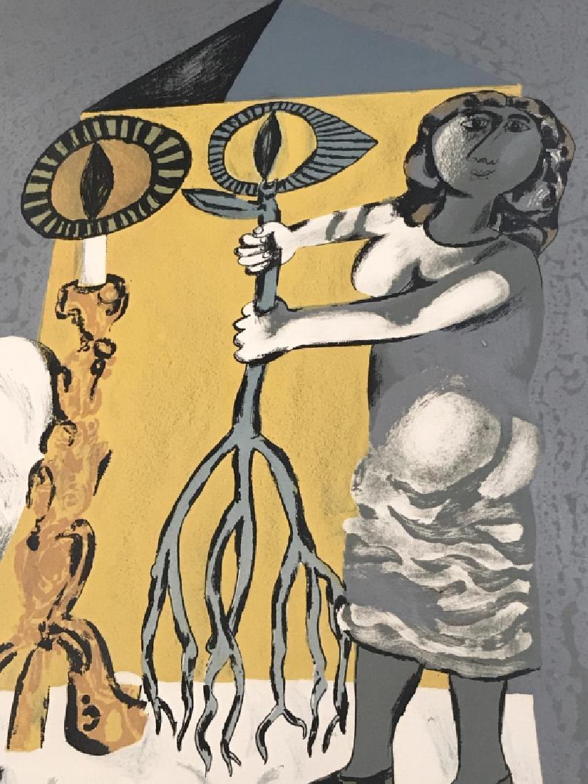 Signed NAFTALI BEZEM Judaica Poss Serigraph: Signed NAVTALI BEZEM Judaica possibly serigraph. Artwork depicts woman with Shabbat candles and challah bread. Signed in pencil ‘M. Bezem’ in lower right corner, along with ‘E/A’ for artist’