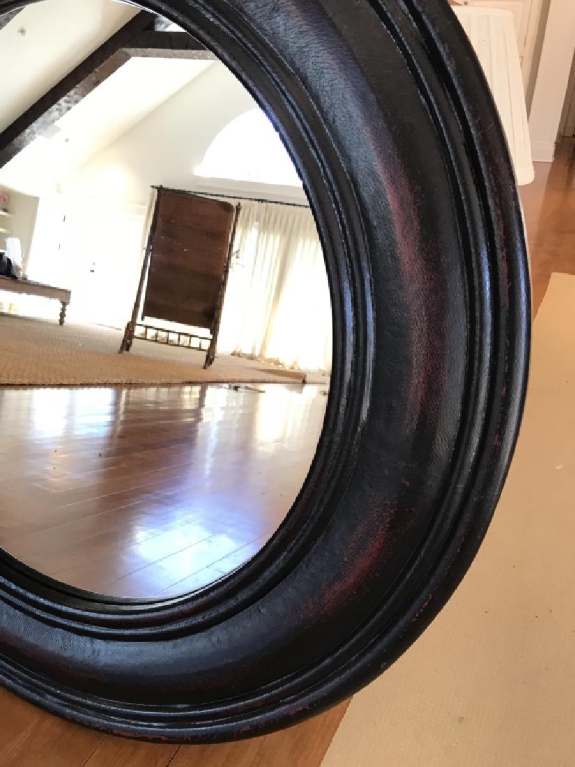 Wide Black Red Wood Framed Circular Mirror: Circular mirror in back and red washed painted Finish, Hand painted, multi Ring style, Circular wood framed mirror, label on back for hand painted one of a kind crafted, contemporary style or transiti