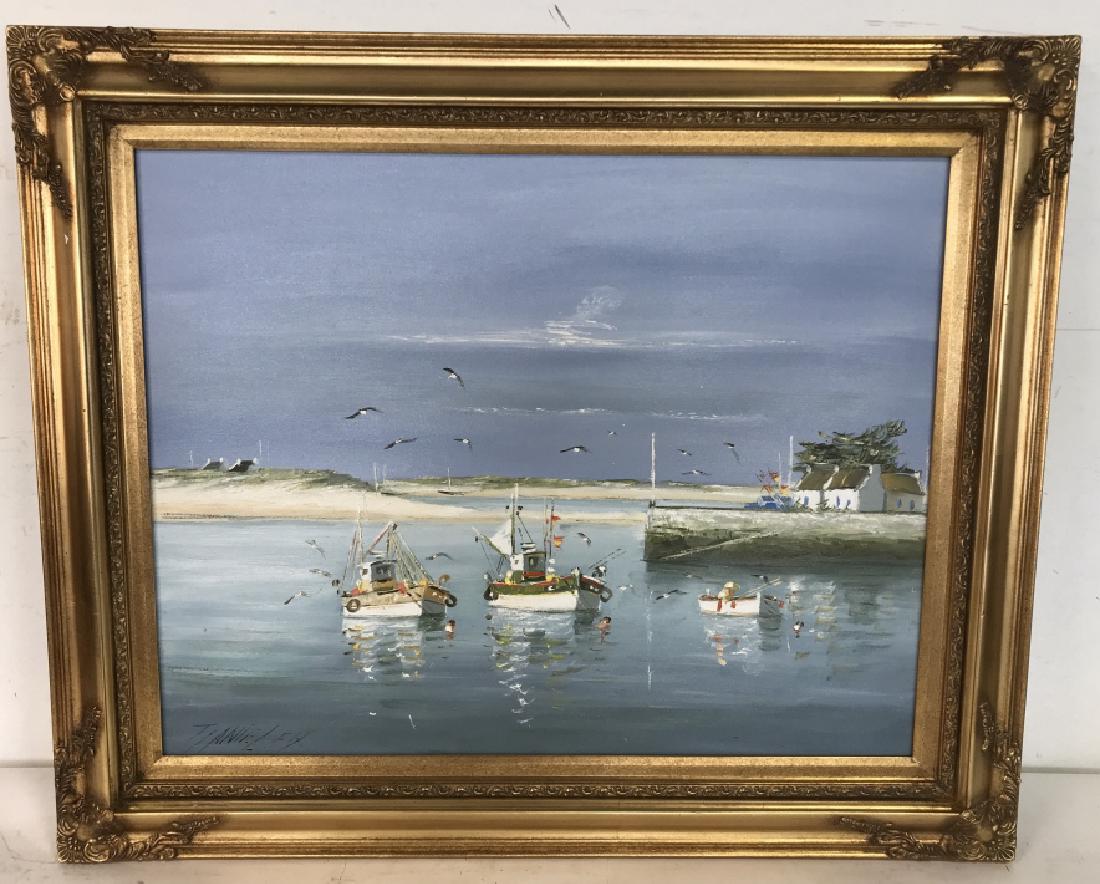Christian Daniel, Painting Oil on canvas: Christian Daniel, French Painting Oil on Canvas, seascape with boats possibly Calais Harbour, 35 in x 29 in to edge of frame, good condition some minor warping to canvas may need restretching, with at