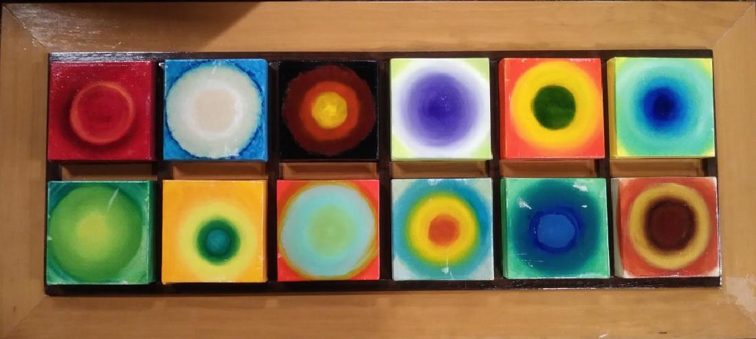 Circles and Beams, inscribed Rob Weiner, 2004: Circles and Beams, inscribed Rob Weiner, 2004. Multi toned, abstract artwork, tones include reds, purples, greens, blues ect. colorful painted canvas boxes on wooden frame, inscribed on reverse, 33 in