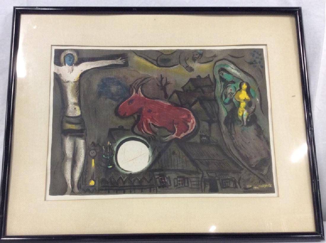 Marc Chagall lithograph Mystical Crucifixion: Marc Chagall lithograph, Mystical Cruxifiction with Christ, Red Ox and Madonna, Framed, Matted and under glass, not examined out of frame, Ecole de Paris School, Archetypal Artists, Expressionism, Cub