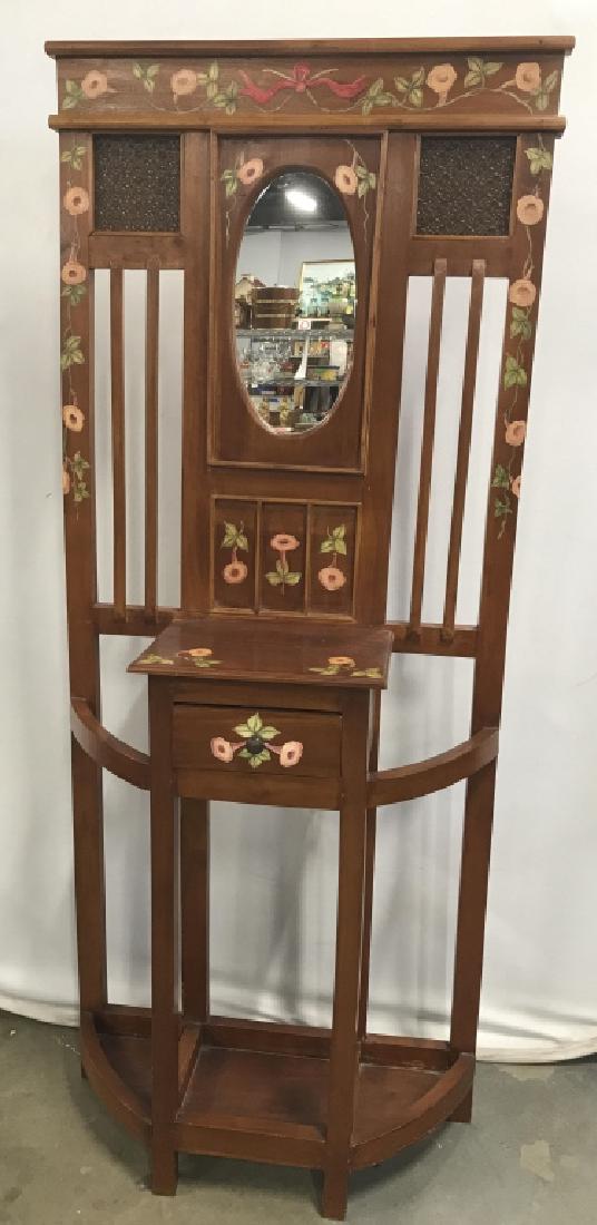 Vintage Hand Painted Victorian Style Hall Stand: Vintage Victorian Style Hall Stand With center drawer, mirror, and umbrella storage, hand painted with pink and sage green floral and vine motif, measures approximately 72 inches tall x 30.5 inches wi