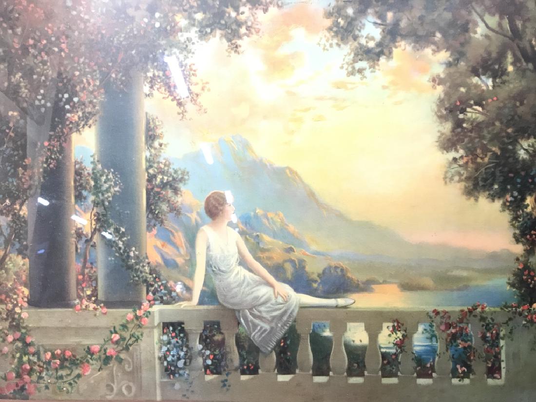 R. ATKINSON FOX Framed Print Of Female Figure: Robert Atkinson Fox Print depicts a female figure in a white dress seated on a balcony overlooking a landscape. Piece is professionally framed with navy and copper toned frame. Lower right corner read