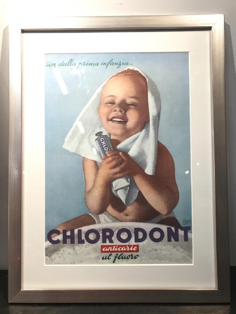 Italian CHLORODONT Toothpaste Framed Ad Print: Vintage advertisement, Ad print reads CHLORODONT. Depicts a child figure holding a tube of toothpaste. Piece is professionally framed and matted with silver toned metal frame. CHLORODONT ad, CHLORODON