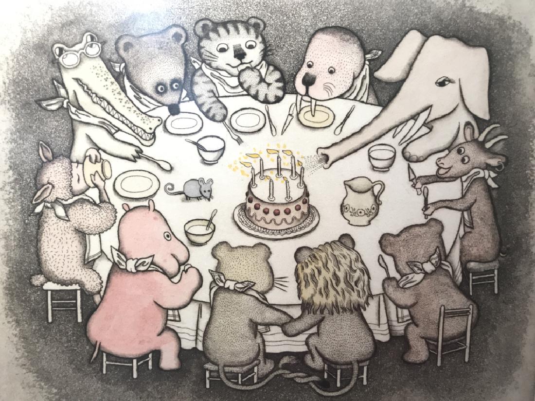 Signed Editioned Framed Lithograph Animals: Lithograph depicts multiple cartoon animals sitting around a table celebrating an elephants birthday. Piece is signed on lower right corner and editioned IV/XXV on lower left corner. Piece is professi