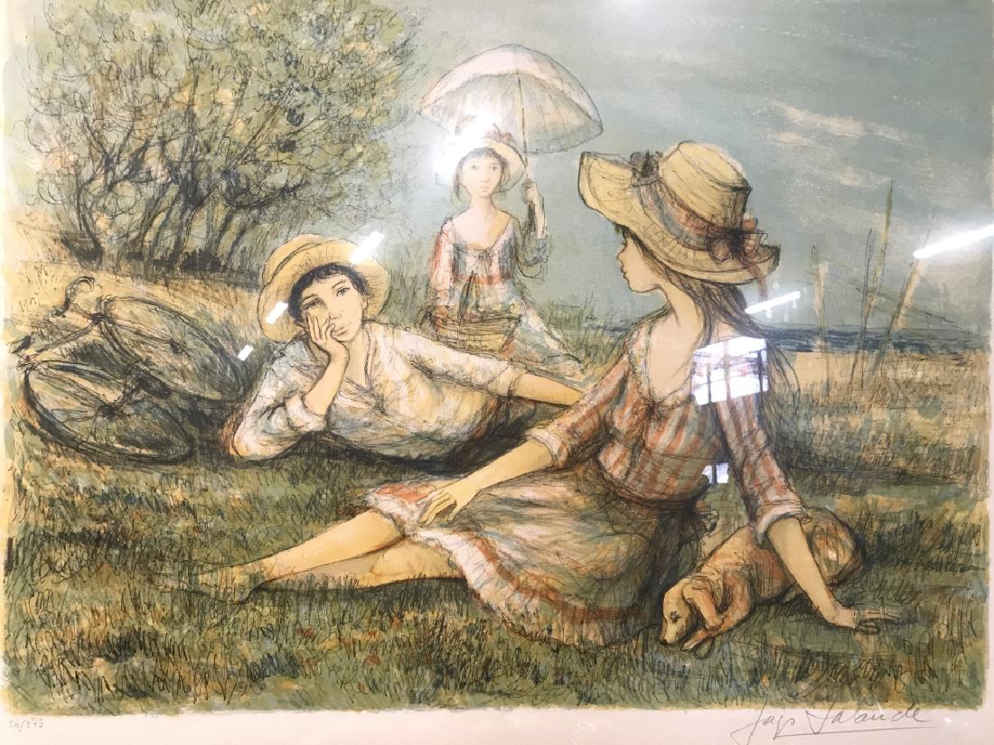 JACQUES LALANDE Pencil Signed Editioned Lithograph: Piece is pencil signed JACQUES LALANDE. Lithograph is colored and numbered. Lithograph depicts 2 female figures a dog and 1 male figure lounging in grass. Piece is professionally framed and matted wit
