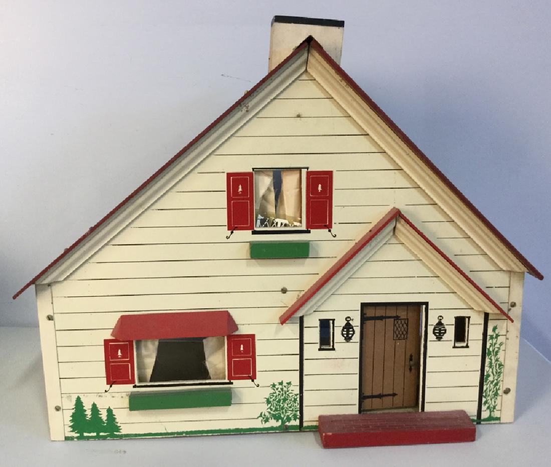 Vintage painted Particle Board Dollhouse: Vintage Mixed Materials Painted dollhouse, Particle Board, and Cloth, simulated as clapboard with wooden window boxes and Cloth curtains, no manufacturers stamp, 22 in x 19 in, good vintage condition,