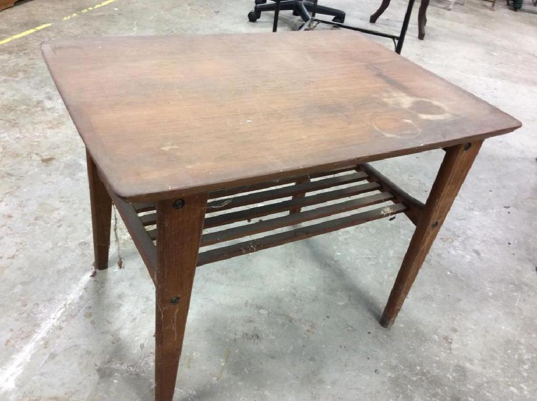 Mid Century Modern End Table w Tapered Legs Slats: Mid Century Modern, Danish Modern, Swedish Modern End Table w Tapered Legs and shelf of wood slats, . Mid century design. Some surface wear to wood. Two tiered with slat form second shelf, Cleaning re