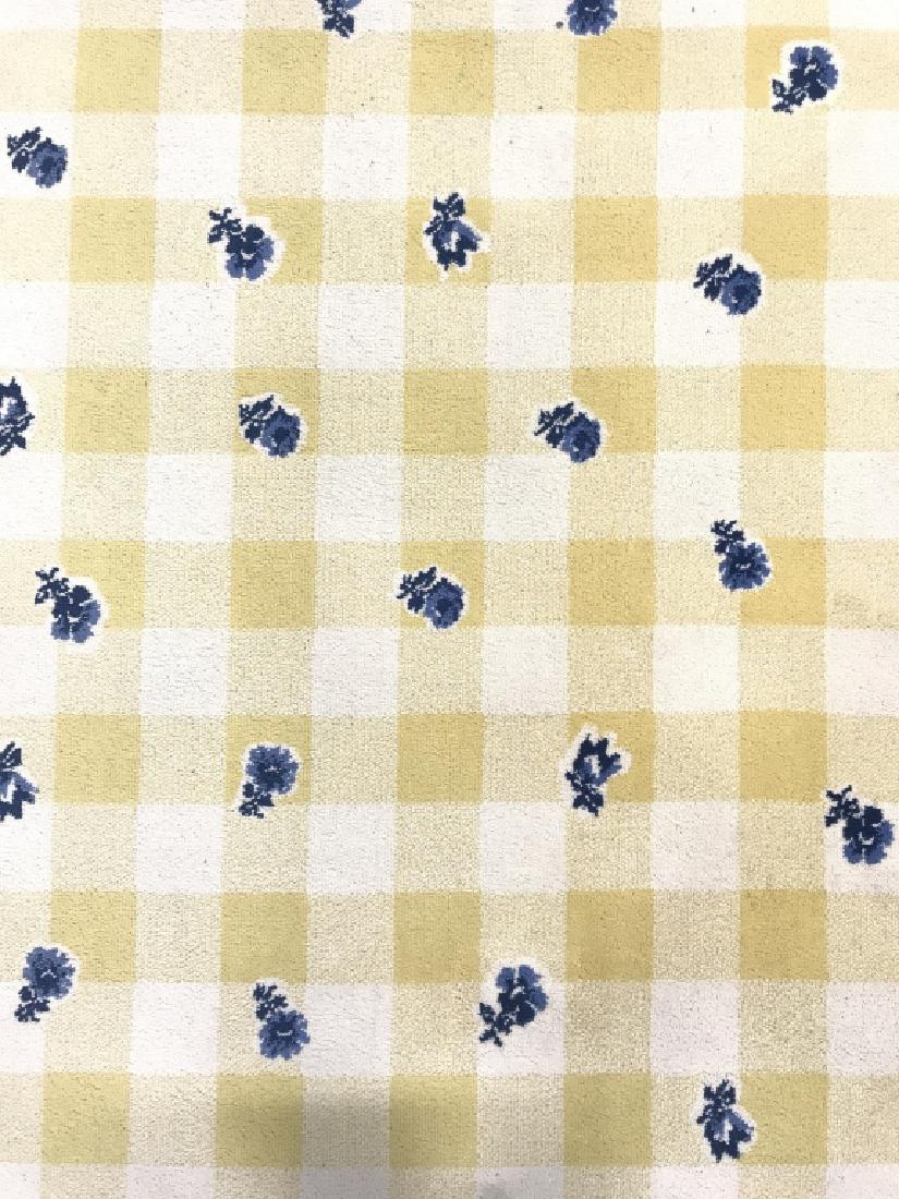 Floral & Checker Detailed Wool Rug: Rug has tones of yellow, white, and blue. Has checkered detailed and blue toned floral detail. Appears to be wool. Measures approx 92 inches long 65 inches wide. Has minor wear. Flroal rug, carpet, ar