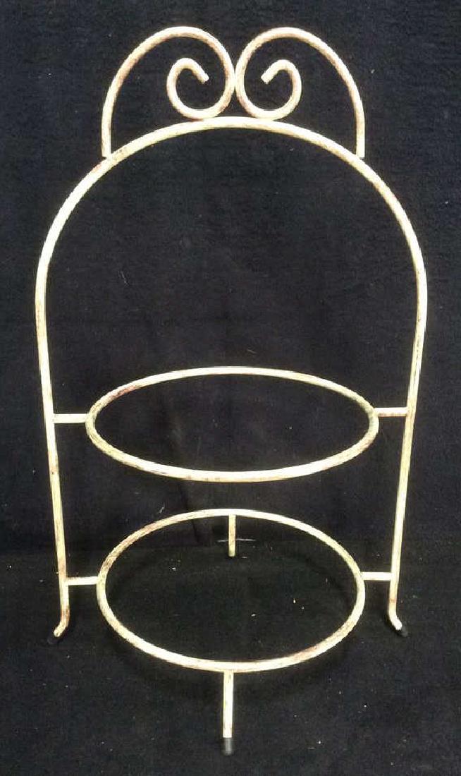 White Toned Metal Tiered Plate Display Rack: Table top accessory, Plate stand for tiered plates, dessert server, fruit display, White Toned Metal Plate Rack. Contains 2 racks & 4 feet. Measures approx 19 inches tall 12 inches wide. centerpiece, 