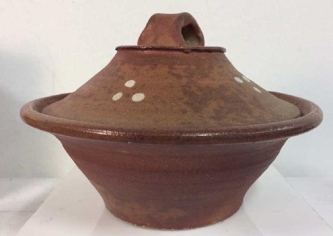 Studio Pottery Lidded Dish Vessel Tableware: Studio Pottery Lidded Dish. Signed RJ. Brown toned stoneware, earthenware ceramic pottery with simple white dot design, Lidded Bowl, Decorative Bowl, tableware, home decor, decorative pottery. Measure
