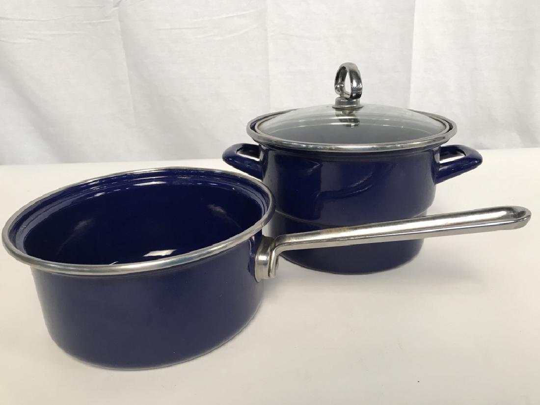 Chantal Blue enamel Stainless Cookware Set: Chantal Cookware Set, includes a covered vegetable pot with another pot cover fits both, largest measures 7 in diameter 7 in height, good condition, Chantal Cookware, Kitchenware, Cooking Utensils, En
