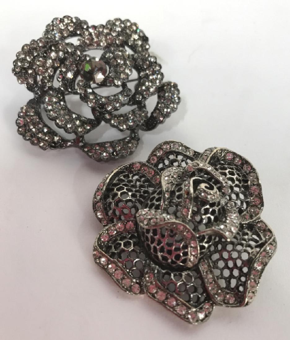 Set Two Rhinestone Brooches, Jewelry: Silver toned marcasite rhinestone jewelry, Estate jewelry, diameters app 2.3 inches, fashion jewelry, collectible rhinestone jewelry, earrings,