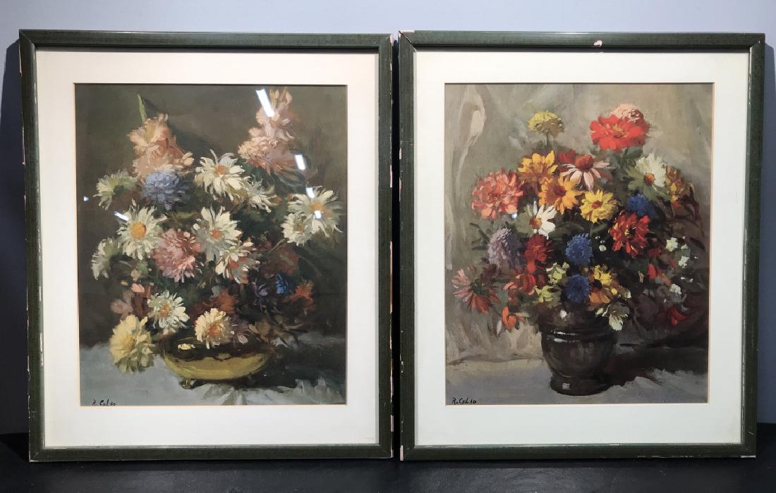 Pair R. Colao Prints Of Flower Studies: Pair Vintage Prints Of R. Colao Flower Study Paintings With cream toned mats green toned frames. Measures approx 15 inches tall x 13 inches wide. Some damage to frames. 2