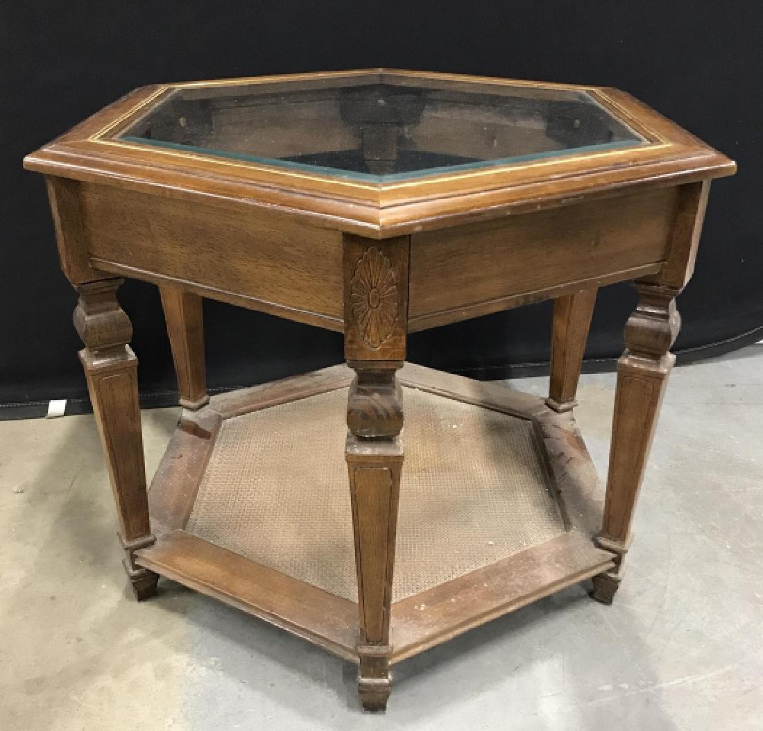 Vintage Octagonal Shaped Wooden Coffee Table: Vintage Octagonal Shaped Wooden Coffee Table With glass top and tapered legs. Needs cleaning, minor surface scratches due to age and use. Measures approx 30 inches in diameter x 21 inches tall. Vintag