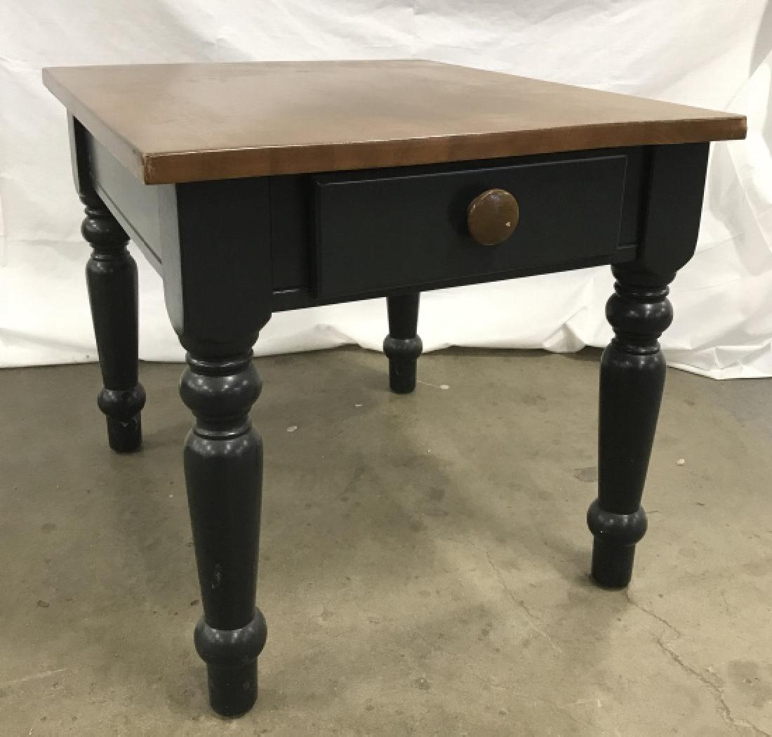 Two Toned Pine Wooden Side Table: Two Toned Wooden Side Table, hunter green toned base with turned legs, brown toned stained top and single drawer. Some nicks to wood and weabto corners. Pine table, end table, side table, night table,