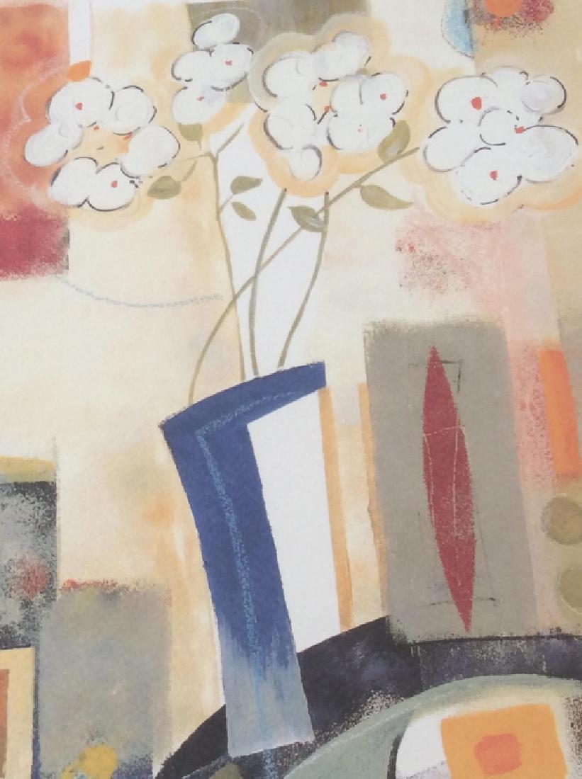 Framed Print Of Cubist Style Still Life: Framed digital print of cubist style Still Life, depicting flowers in a vase. Image is composed of muted earth tones. Print is matted and in silver tone textured frame, possibly wood and plastic combi