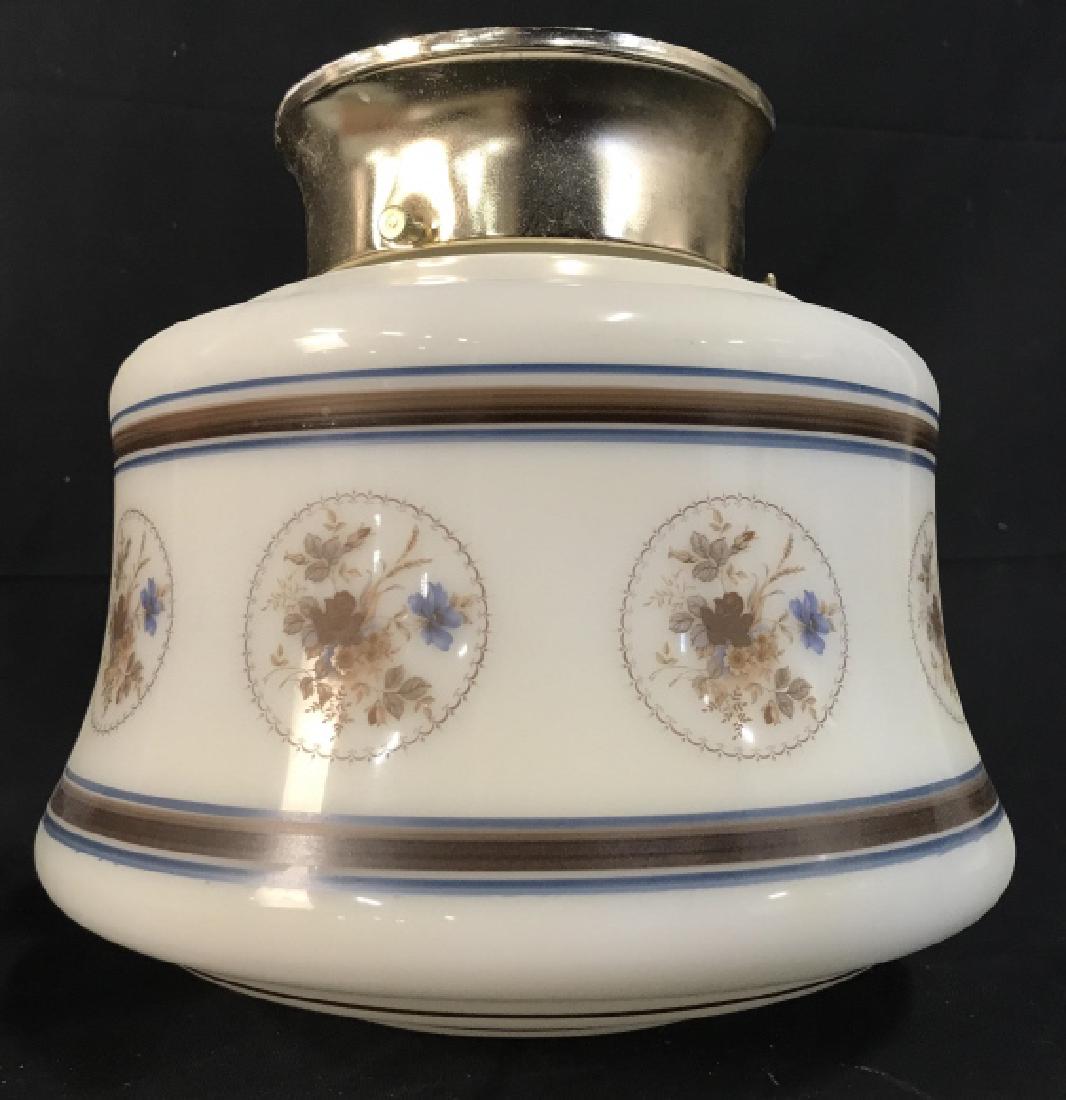 Rustic Cottage Floral Detailed Ceiling Lamp: Rustic Cottage floral detailed ceiling lamp. Lamp has white glass shade with brown and blue stripe and floral stamp details. Approx 8.5 inches in height by 9.5 inches in diameter. Interior lighting / 