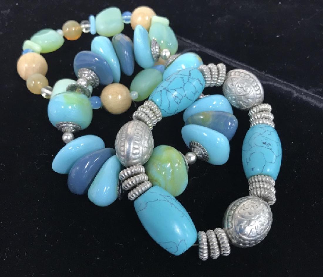 3 Turquoise Toned Bead Bracelets: Stretchable bracelets blue and turquoise toned beads, silver toned beads, elastic bands stretchable size, vintage jewelry,estate jewelry, fashion accessory, wearable accessories