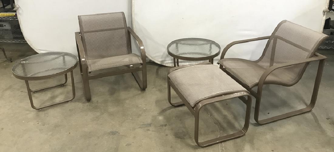 Set 5 Outdoor Patio Chairs Tables Ottoman: Set 5 Outdoor Patio Chairs Tables Ottoman, 2 brown metal and mesh chairs, two circular glass and metal side tables and on ottoman foot rest, Chairs measure approx 28 inches tall all x 24 inches wide x