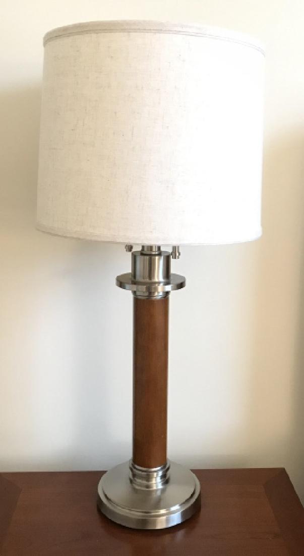 Wooden And Silver Toned Metal Lamp: Wooden And Silver Toned Metal Lamp with linen shade, lamp not tested, includes finial, measures approx 31 inches tall x 13 inches in diameter at shade. Lighting, Reading Light, Table Lamp, Reading Lam