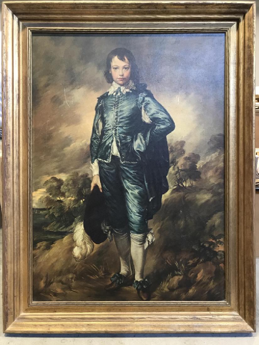 Framed Print On Board Antique Male Figure: Print of The Blue Boy by Thomas Gainsborough Print depicts a male figure wearing a blue & white toned. Frame is gold toned and appears to be wooden. Contains some scratches. Measures approx 37 inches 